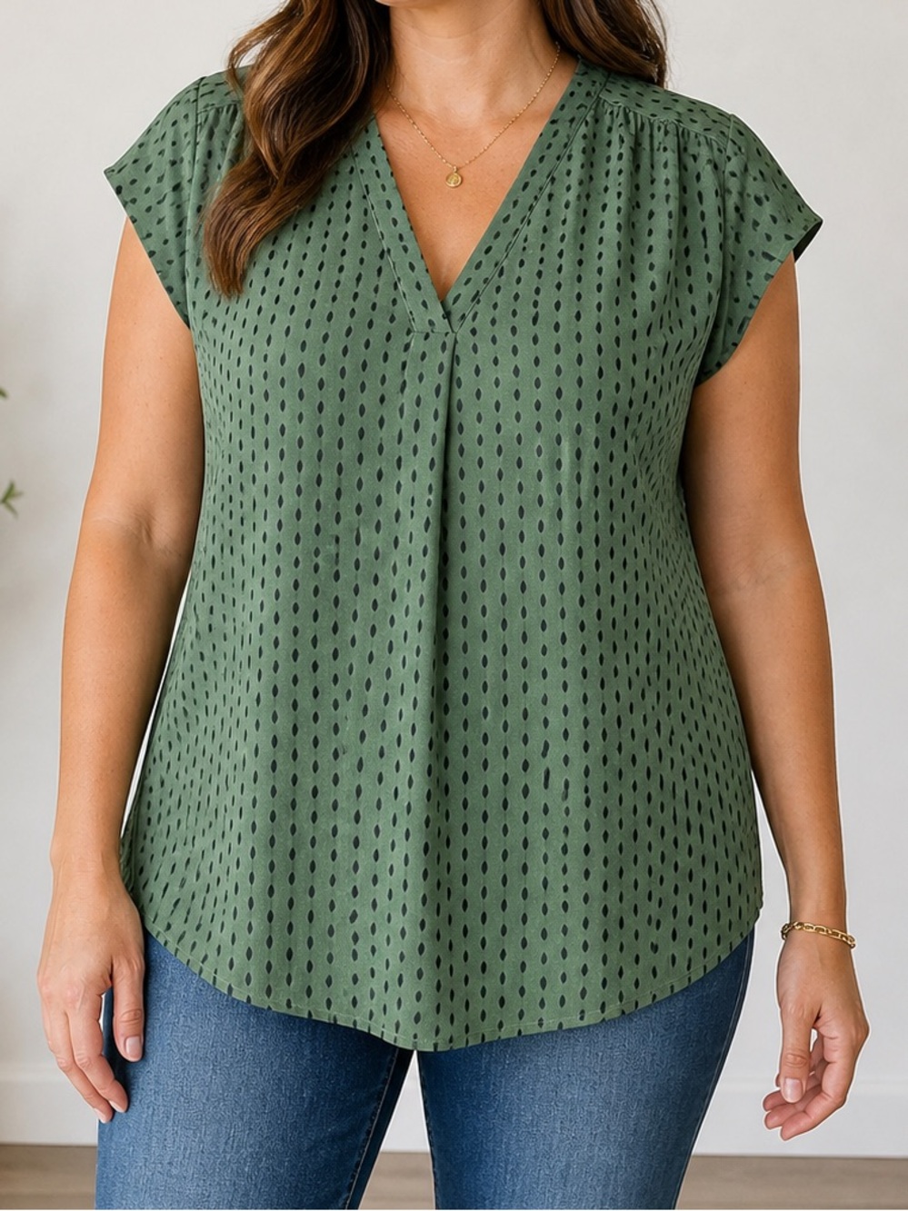 fun 2 fun Womens Olive Green V-Neck Cap Sleeve Blouse Black Dot Print Boho Chic